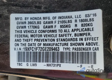 2016 Honda Civic Exl z USA, uszkodzony, nr VIN 19XFC1F72GE209463